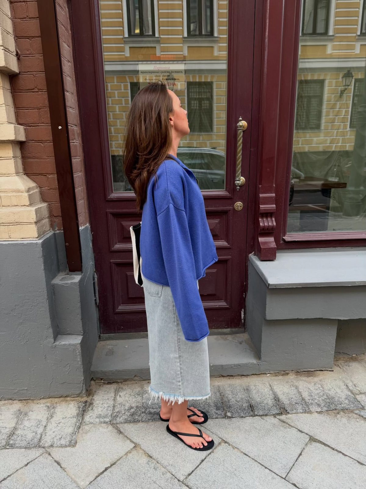 Scalloped Neck Button-Front Knit Cardigan in Blue — back view on model