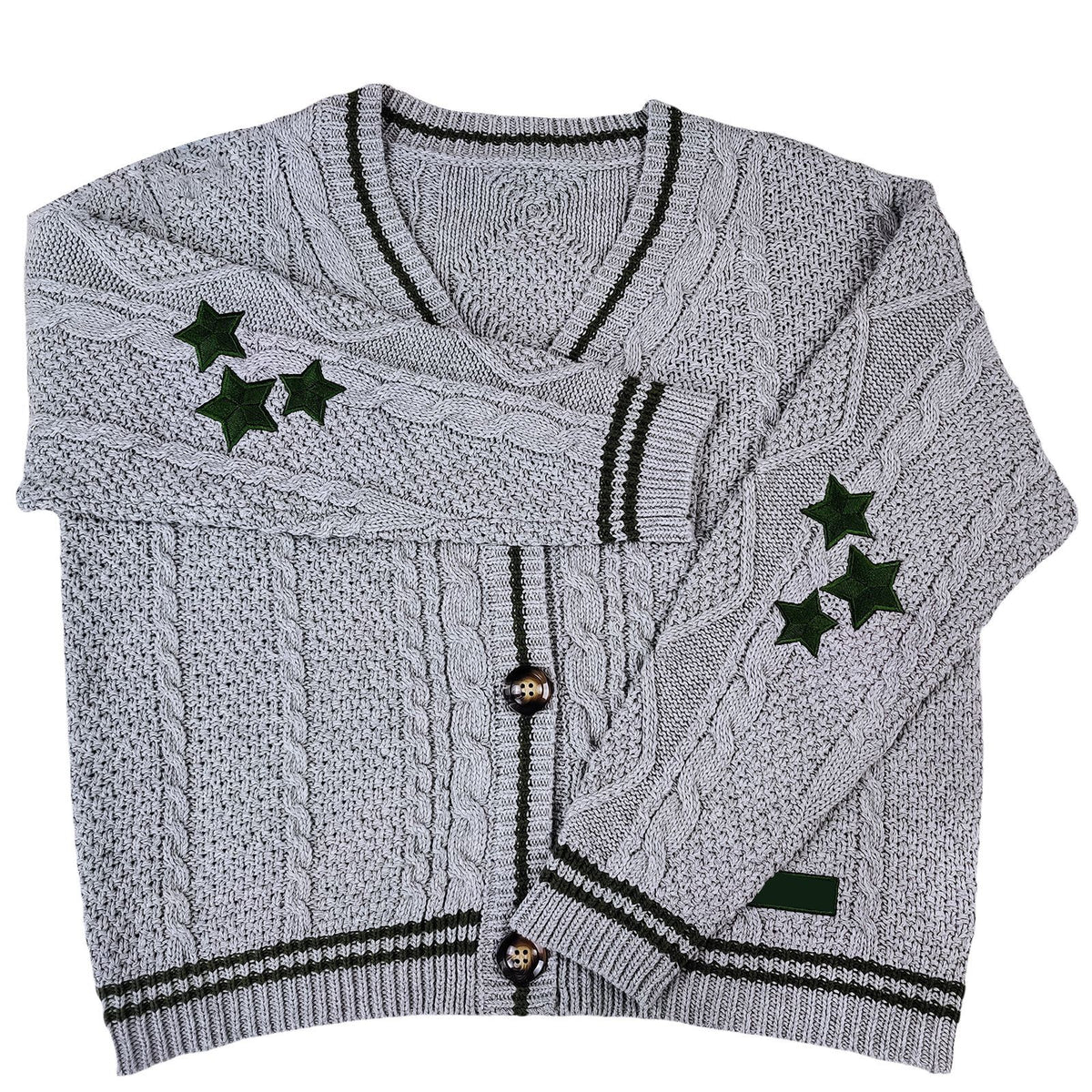 Star-Elbow Cable Knit Cardigan in Gray with Green Trim — flat view with star elbow details