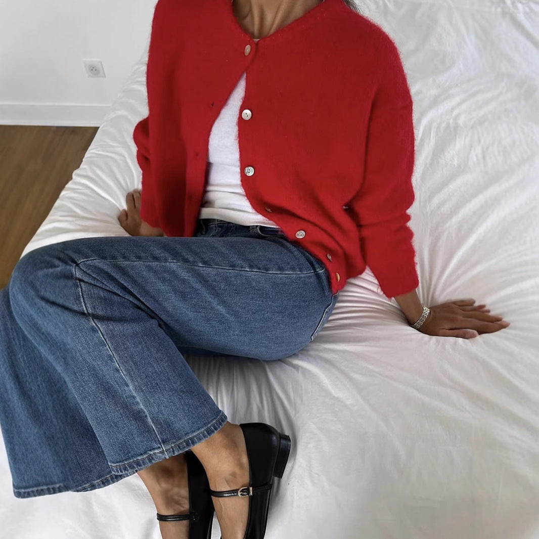 Red Fuzzy Wool-Blend Button Cardigan in Red — on model with jeans