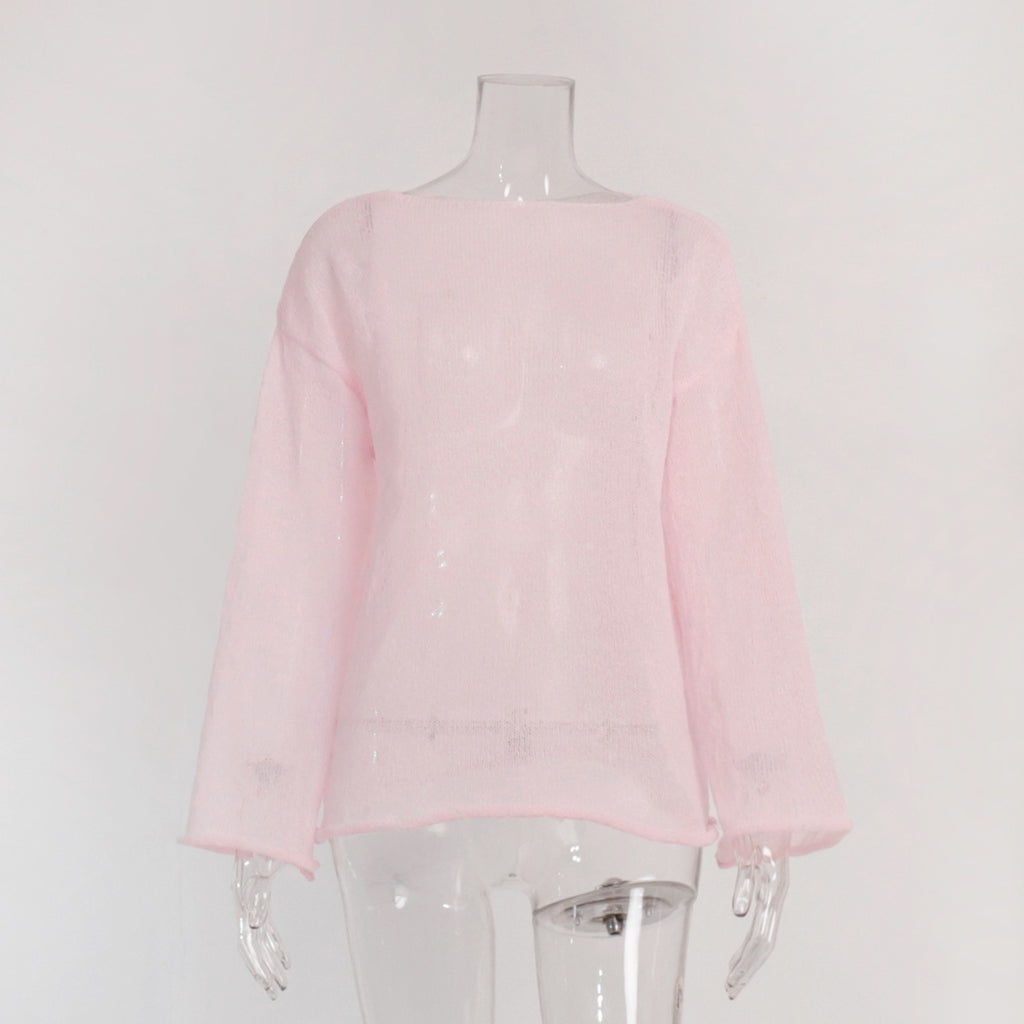 Sheer Open-Knit Bell Sleeve Sweater in Light Pink — front view on mannequin