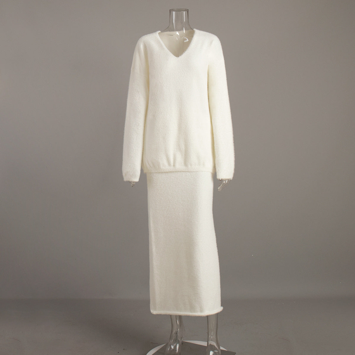Soft Fuzzy V-Neck Sweater & Knit Maxi Skirt Set in Ivory — set front view