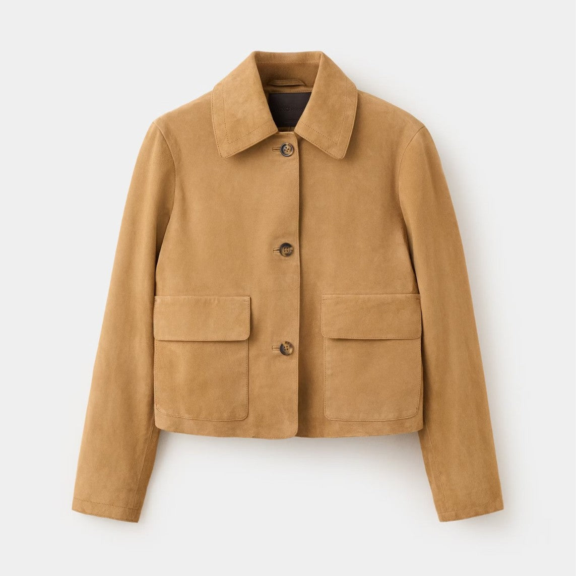 Cropped Faux Suede Jacket with Patch Pockets in Camel — front view, cut out