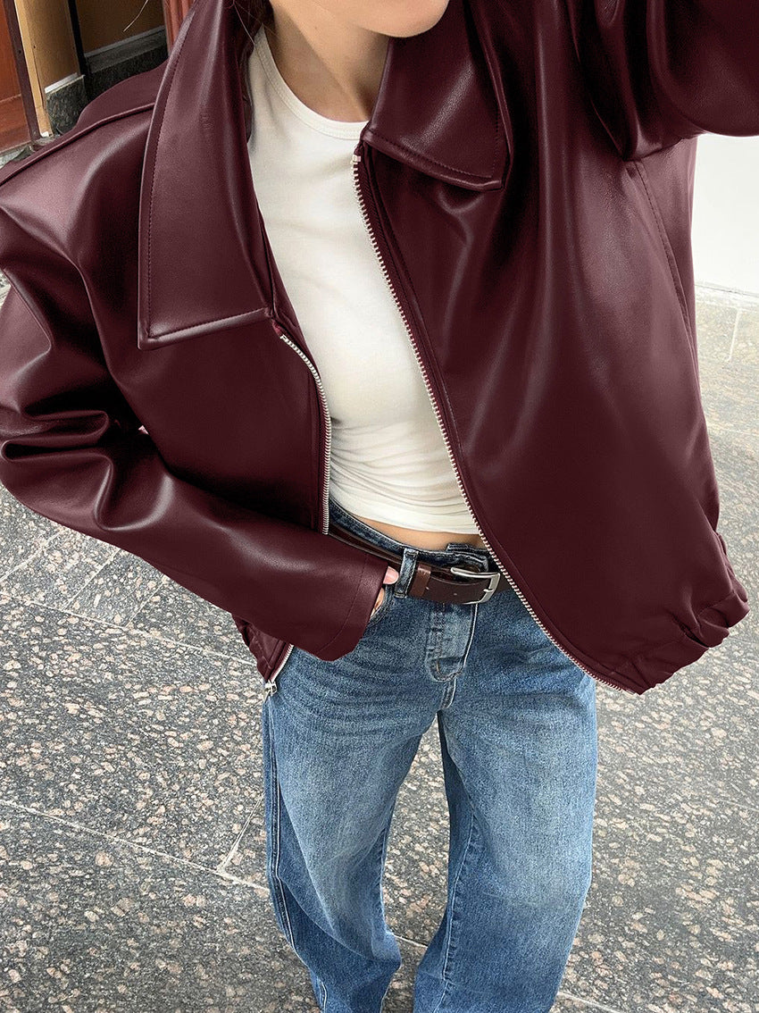 Faux Leather Bomber Jacket with Point Collar in Burgundy — close-up on model
