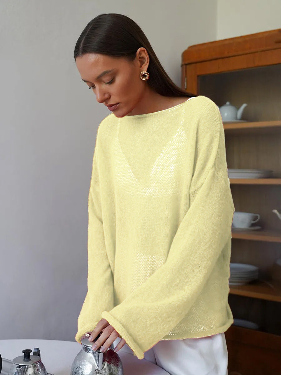Sheer Open-Knit Bell Sleeve Sweater in Butter Yellow — on model in kitchen