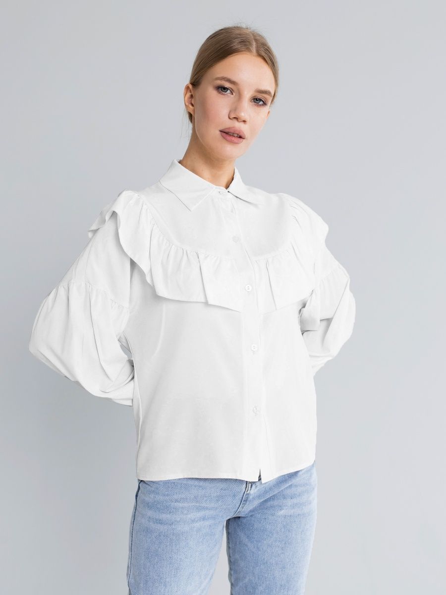 Cotton Ruffle Collar Button-Down Blouse in White — side view on model
