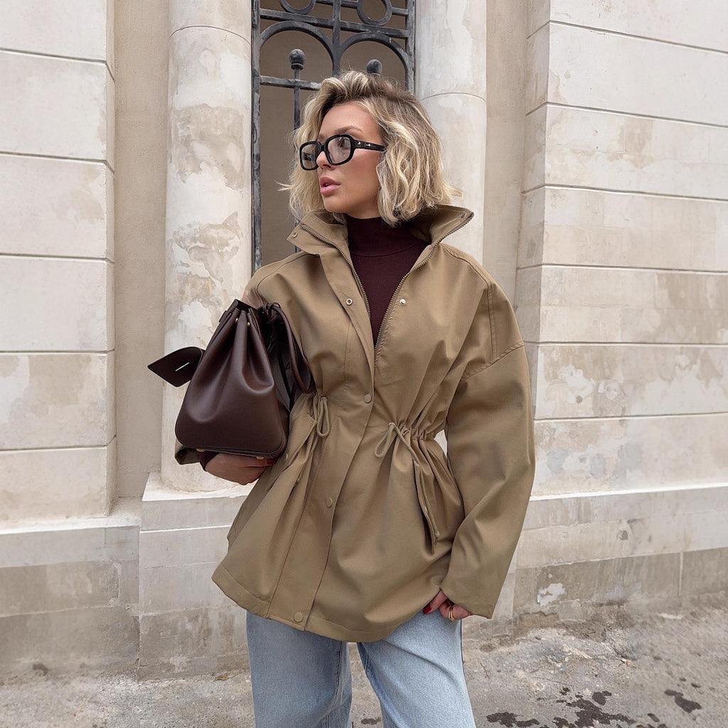 Cotton Drawstring Waist Jacket with Stand Collar in Khaki — on model with jeans