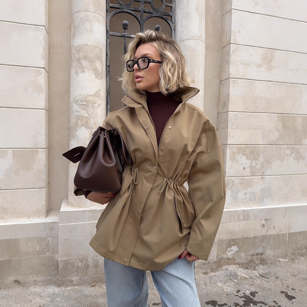 Cotton Drawstring Waist Jacket with Stand Collar in Khaki — on model with jeans