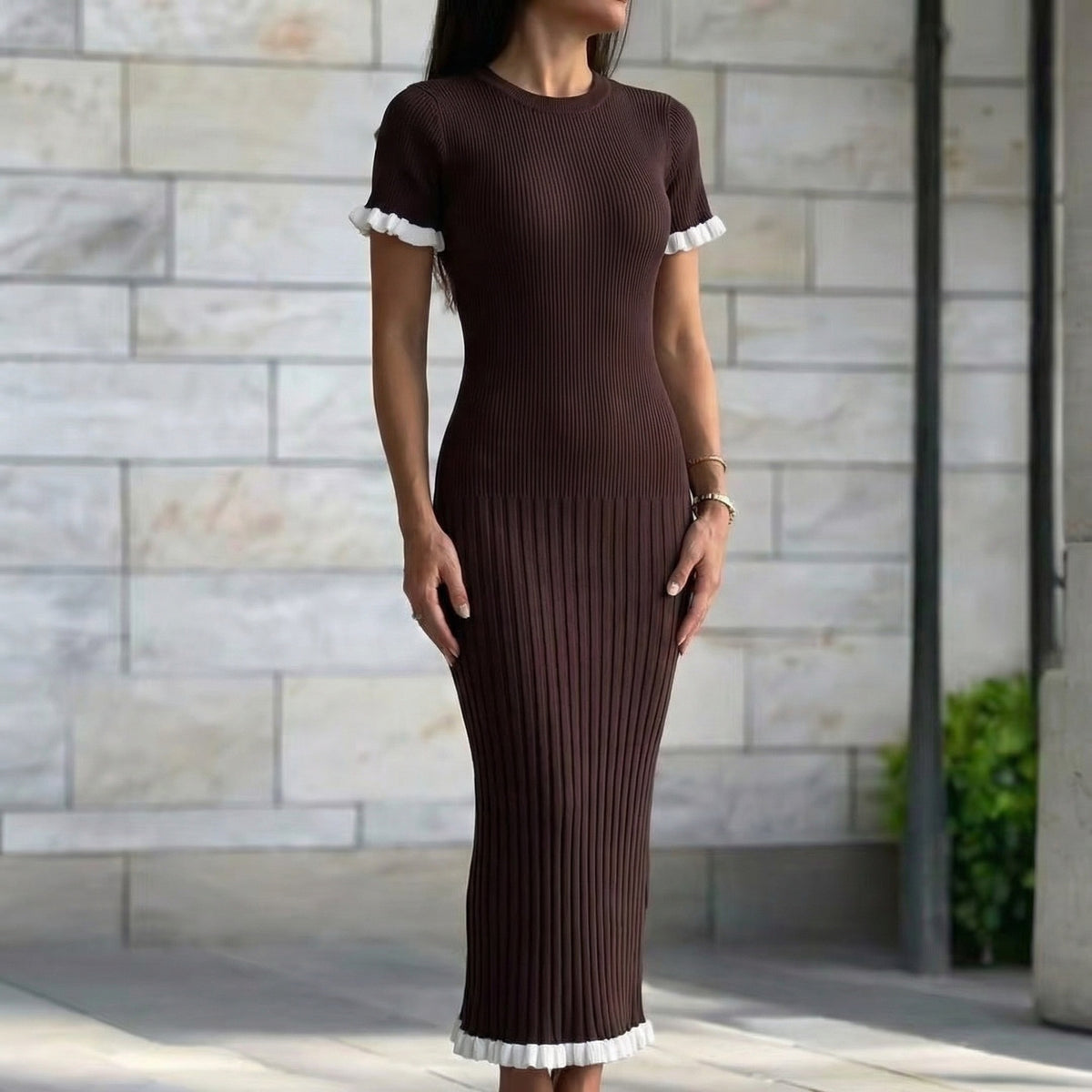 Contrast Ruffle-Trim Short Sleeve Knit Maxi Dress in Chocolate — front view on model