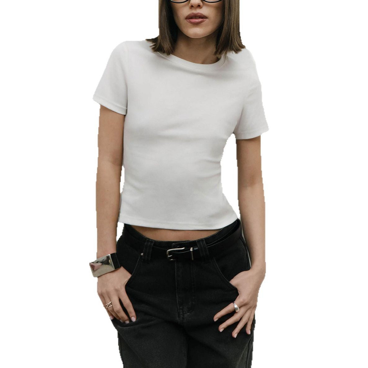 Slim Ribbed Short Sleeve Baby Tee in White — waist-up front view