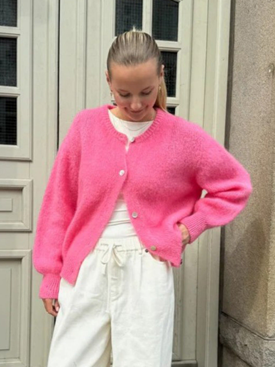 Soft Fuzzy Crew Neck Button Cardigan in Hot Pink — full-length view with white trousers