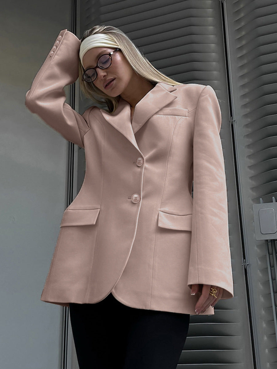 Tailored Two-Button Blazer with Cinched Waist in Rose Beige — on model