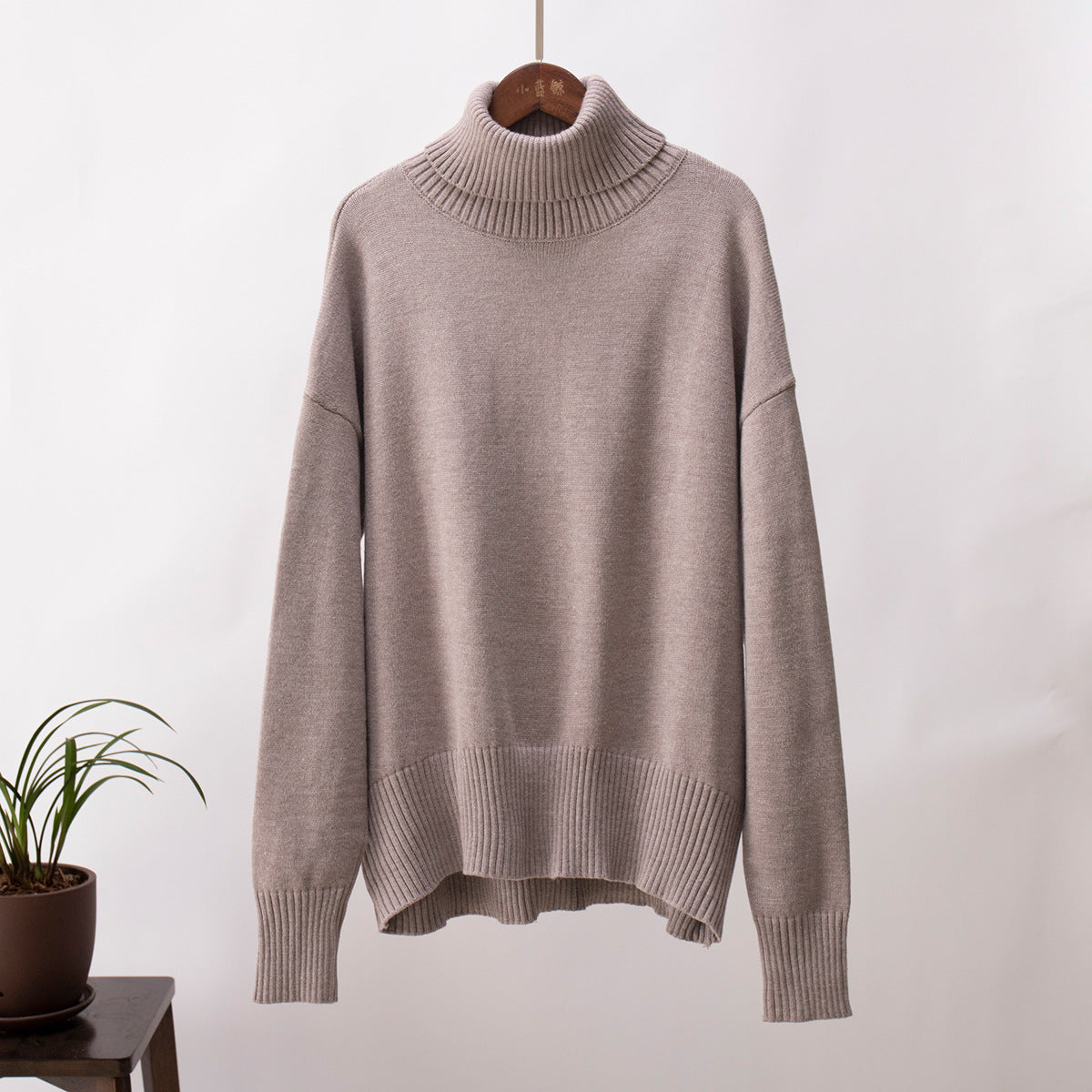 Oversized Knit Turtleneck Sweater in Mushroom — front view