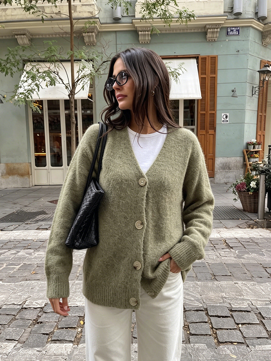 Fuzzy Wool-Blend V-Neck Button Cardigan in Sage — front view on model with white jeans