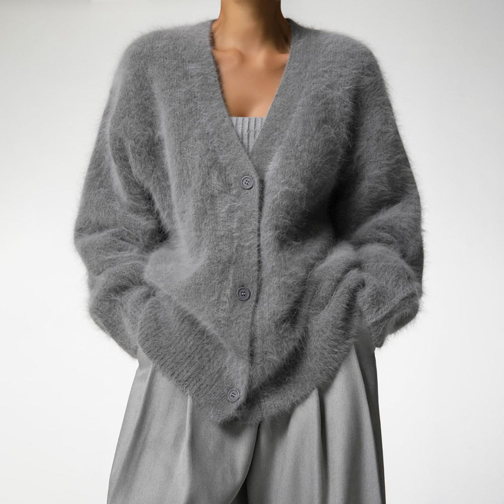 Fuzzy Knit Oversized V-Neck Cardigan in Dark Gray — front view