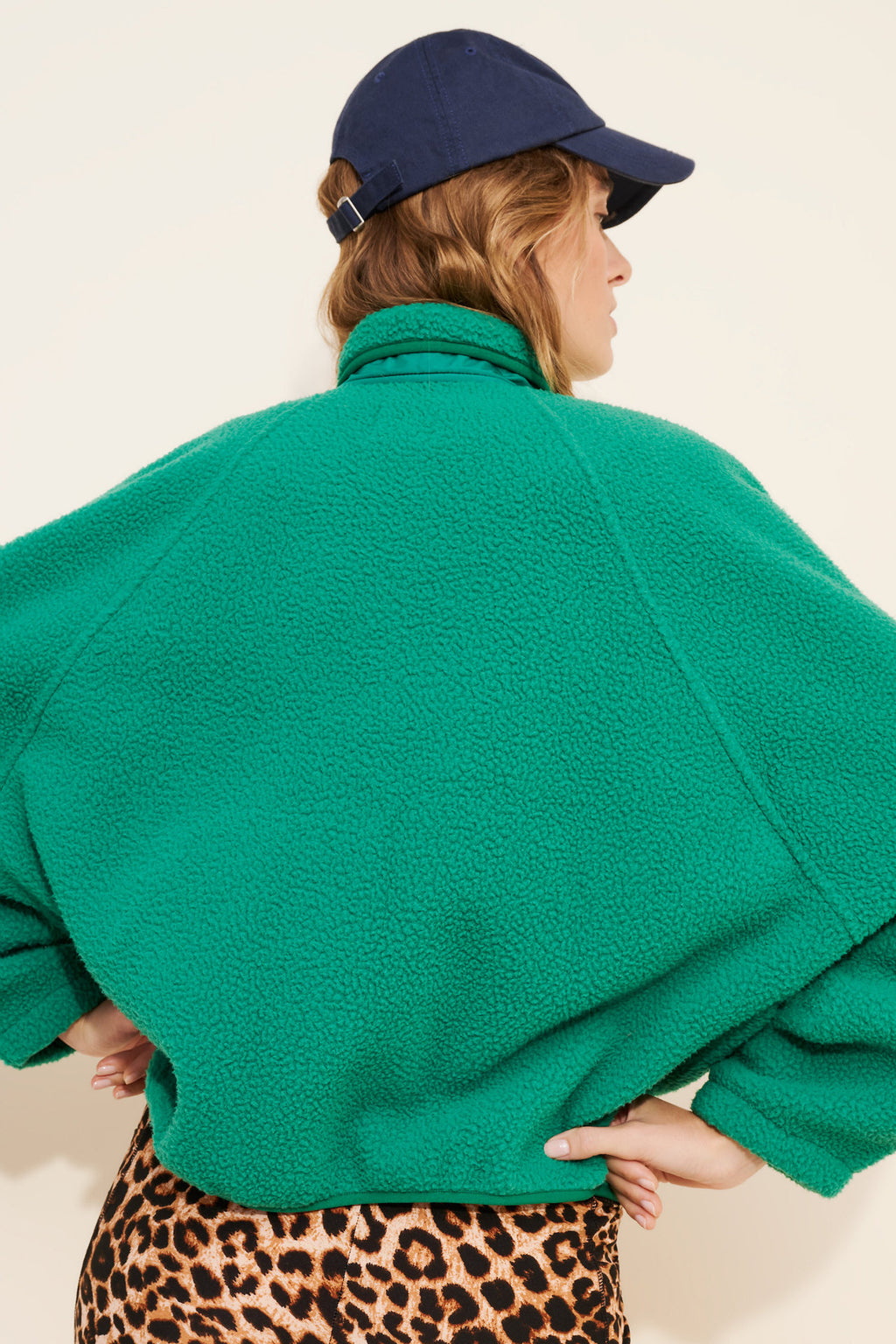 Cropped Sherpa Fleece Jacket with Stand Collar in Kelly Green — back view on model