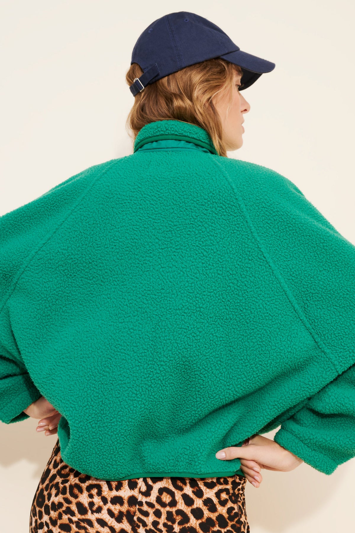 Cropped Sherpa Fleece Jacket with Stand Collar in Kelly Green — back view on model