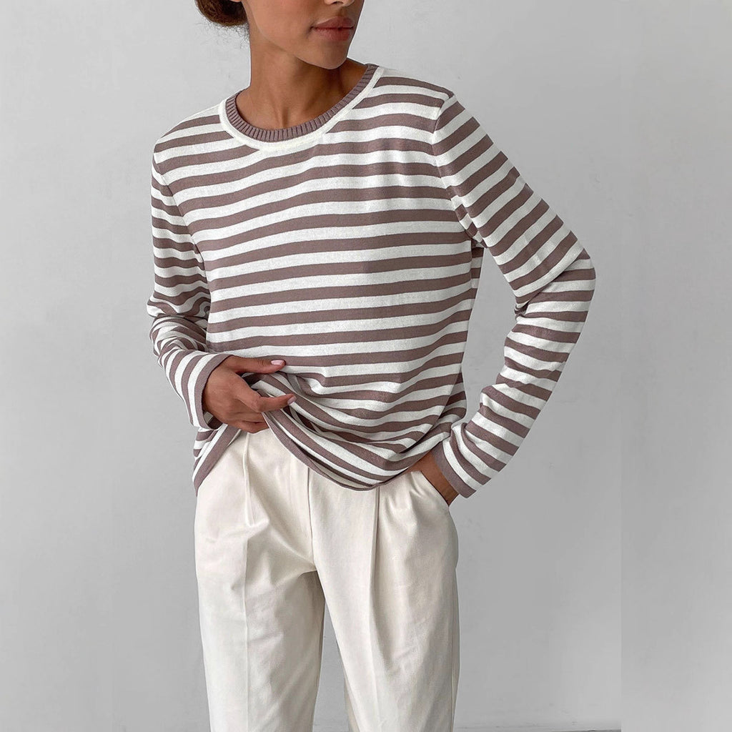 Relaxed Striped Crew Neck Sweater in Mocha Stripe — front view on model