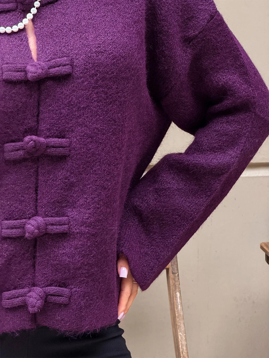 Boxy Knot-Button Crew Neck Cardigan in Plum — close-up of the keyhole neckline and buttons