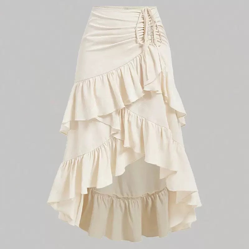 Tiered Ruffle High-Low Midi Skirt with Drawstring Ruching in Cream — flat view showing the high-low hem
