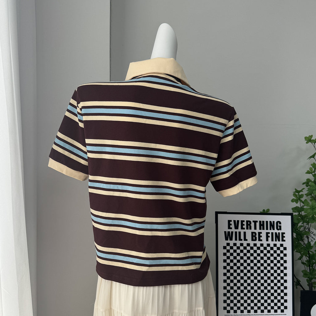Contrast Stripe Cotton Polo Shirt in Chocolate Stripe — back view on mannequin