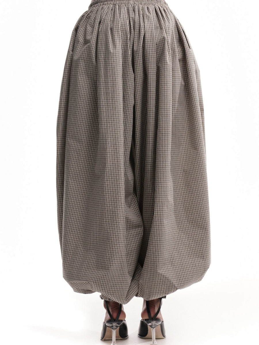 Cotton-Rayon Check Balloon Harem Pants in Khaki Check — front view on mannequin