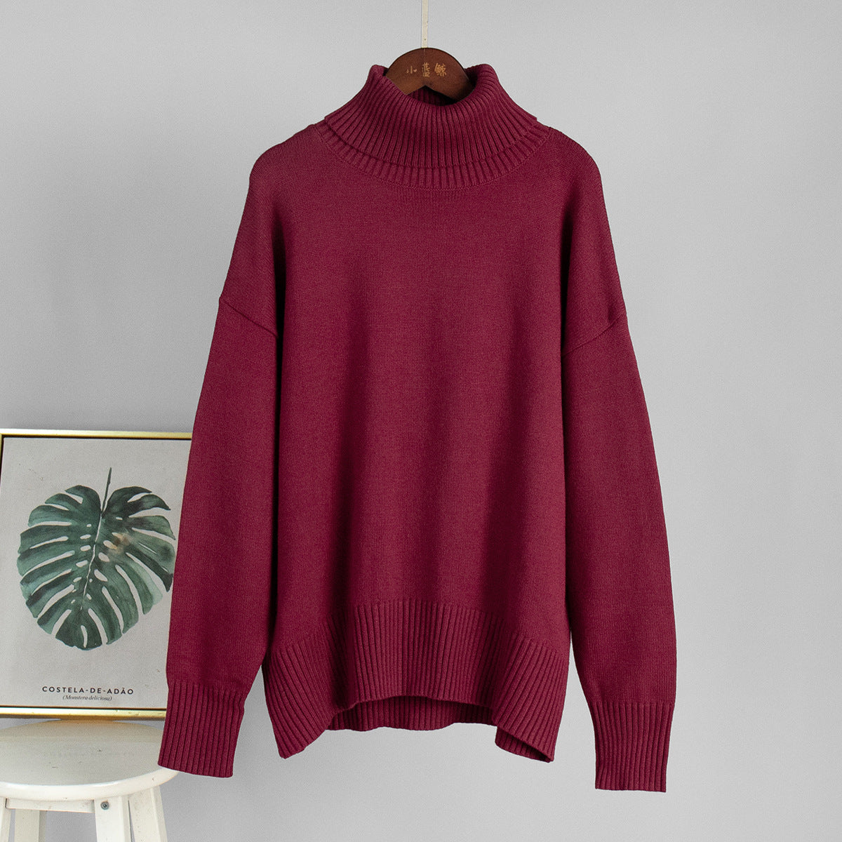 Oversized Knit Turtleneck Sweater in Burgundy — front view