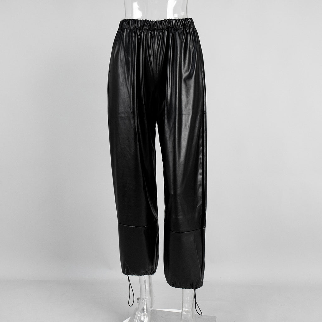 Faux Leather Balloon Pants with Drawstring Ankles in Black — front view