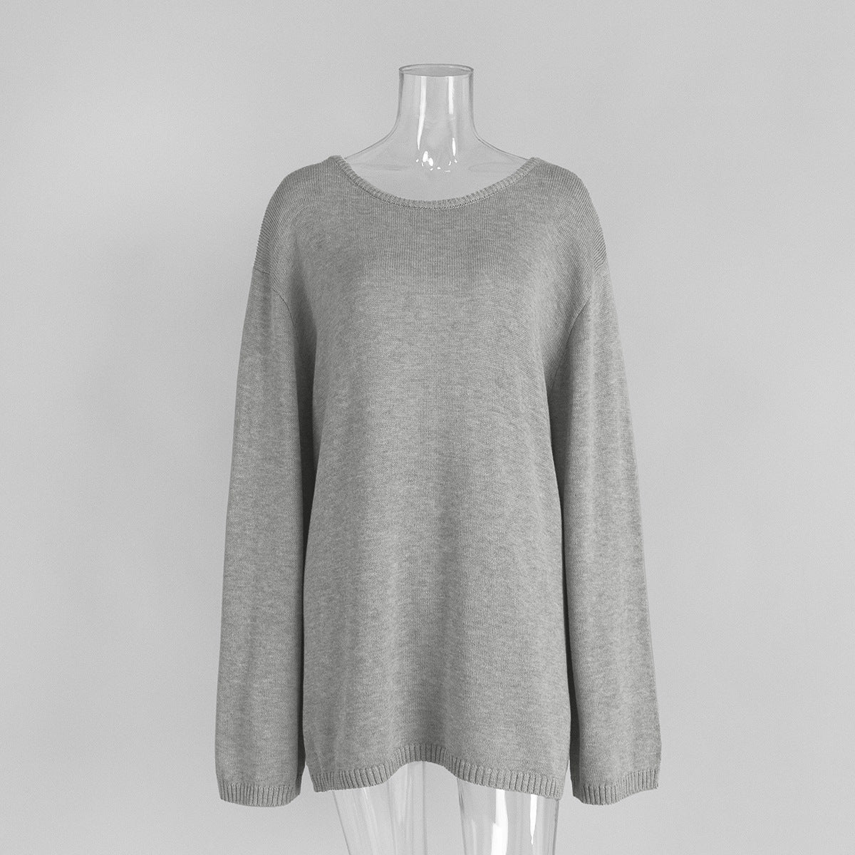 Oversized Open-Back Cotton Knit Sweater in Light Gray — front view