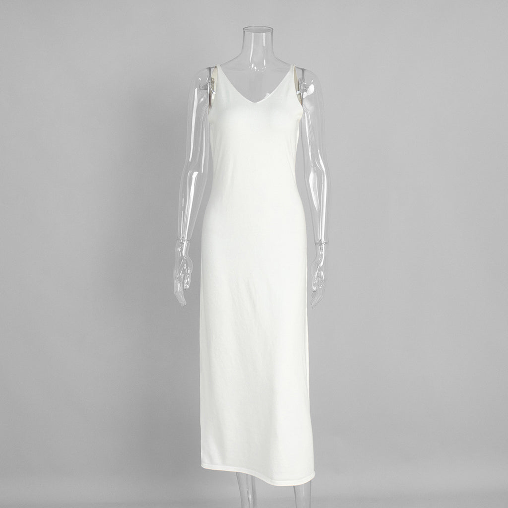Long Belted Knit Cardigan & Maxi Slip Dress Set in Ivory — slip dress on mannequin