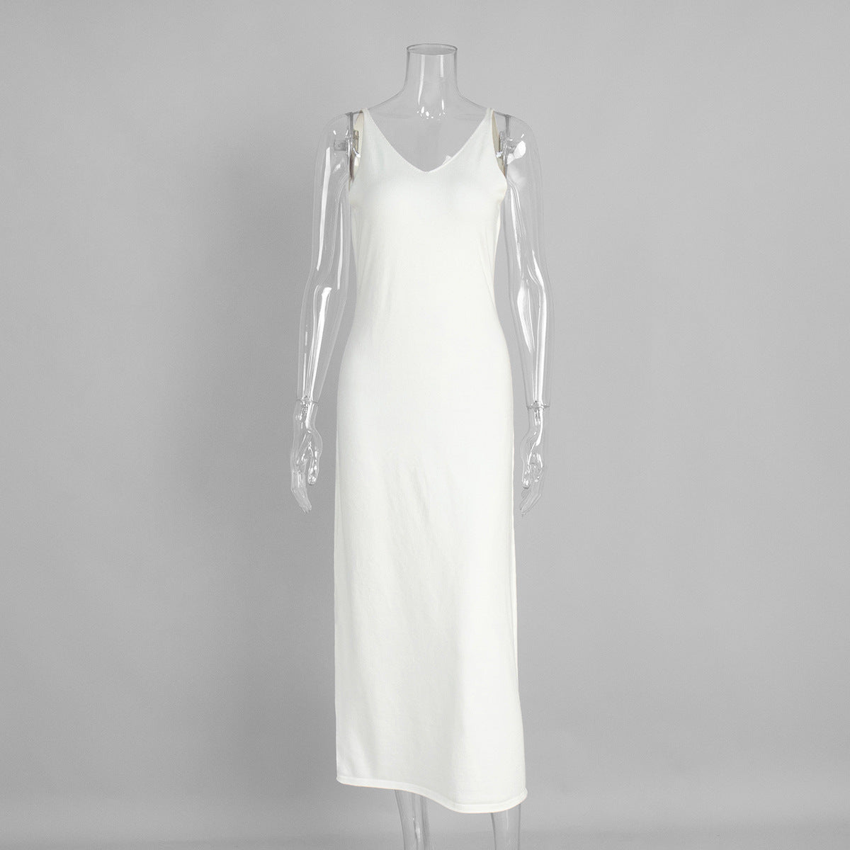 Long Belted Knit Cardigan & Maxi Slip Dress Set in Ivory — slip dress on mannequin