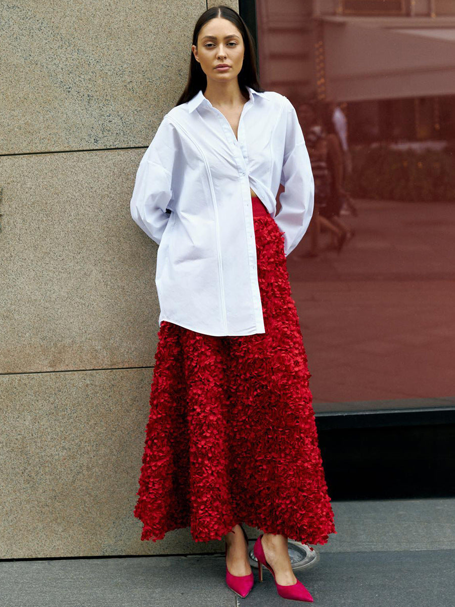 3D Rose Petal A-Line Maxi Skirt in Red — full-length view with a white shirt