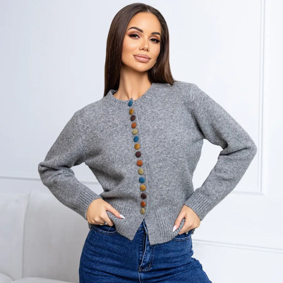 Crew-Neck Cardigan with Multicolor Buttons in Heather Gray — on model with jeans