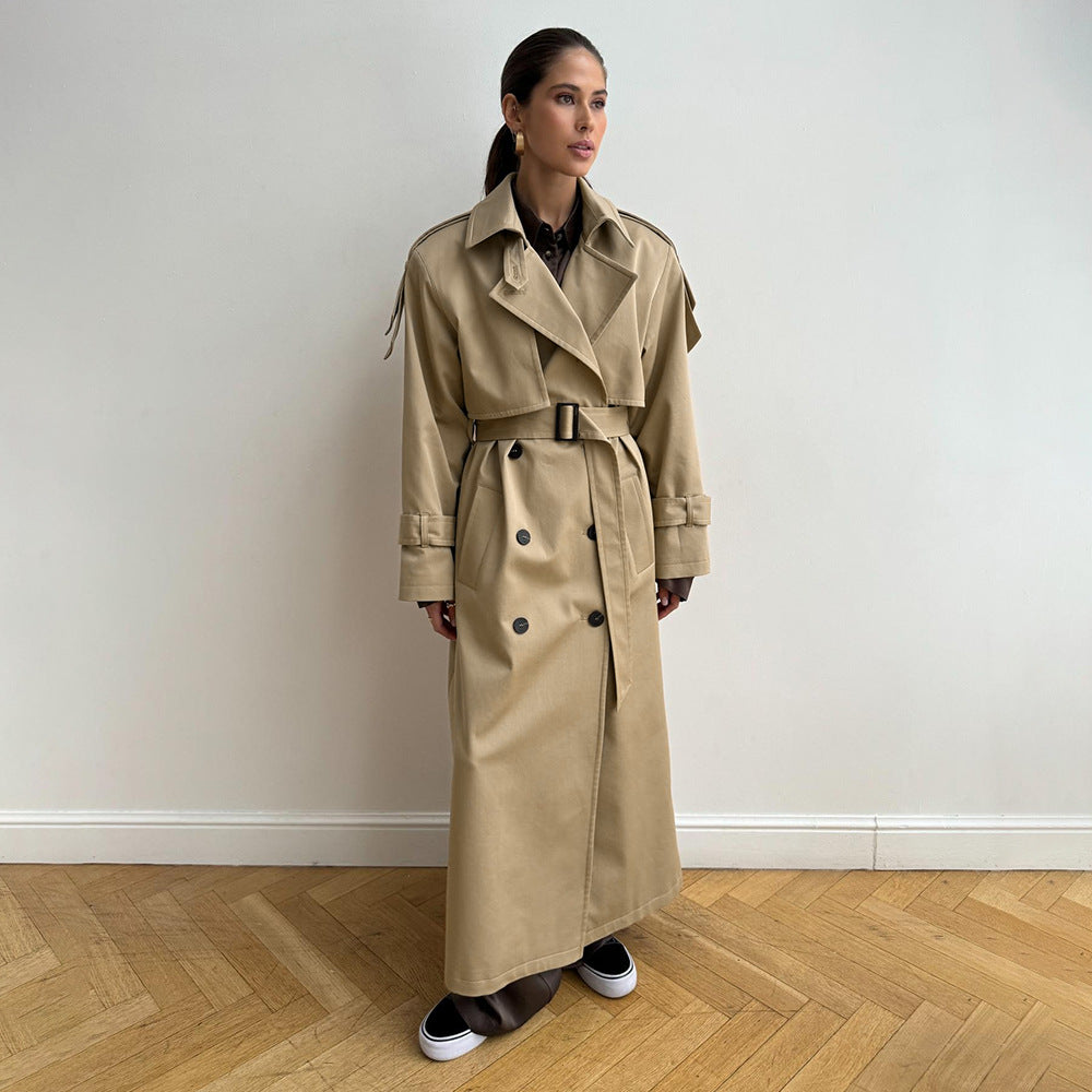 Classic Long Double-Breasted Cotton Trench Coat in Classic Khaki — belted, front view on model, full length