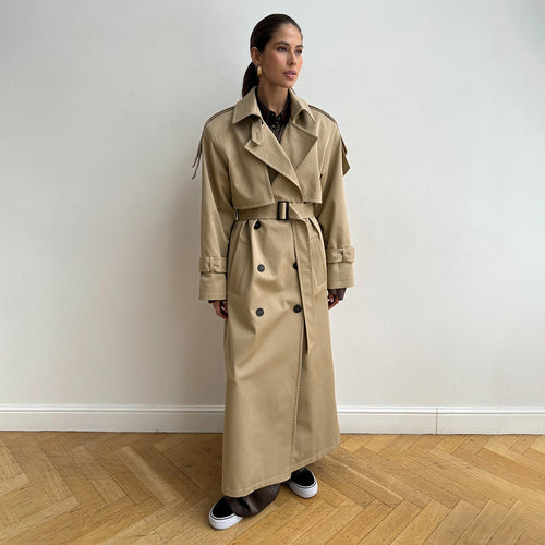 Classic Long Double-Breasted Cotton Trench Coat in Classic Khaki — belted, front view on model, full length