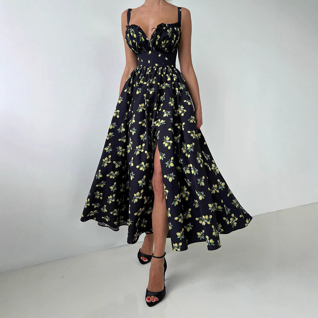 Printed Tie-Strap Maxi Dress with Side Slit in Black Floral — front view on model