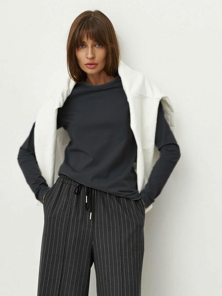 Everyday Cotton Crew Neck Long Sleeve Tee in Charcoal — on model