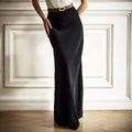 Satin Fishtail Maxi Skirt in Black — front view on model