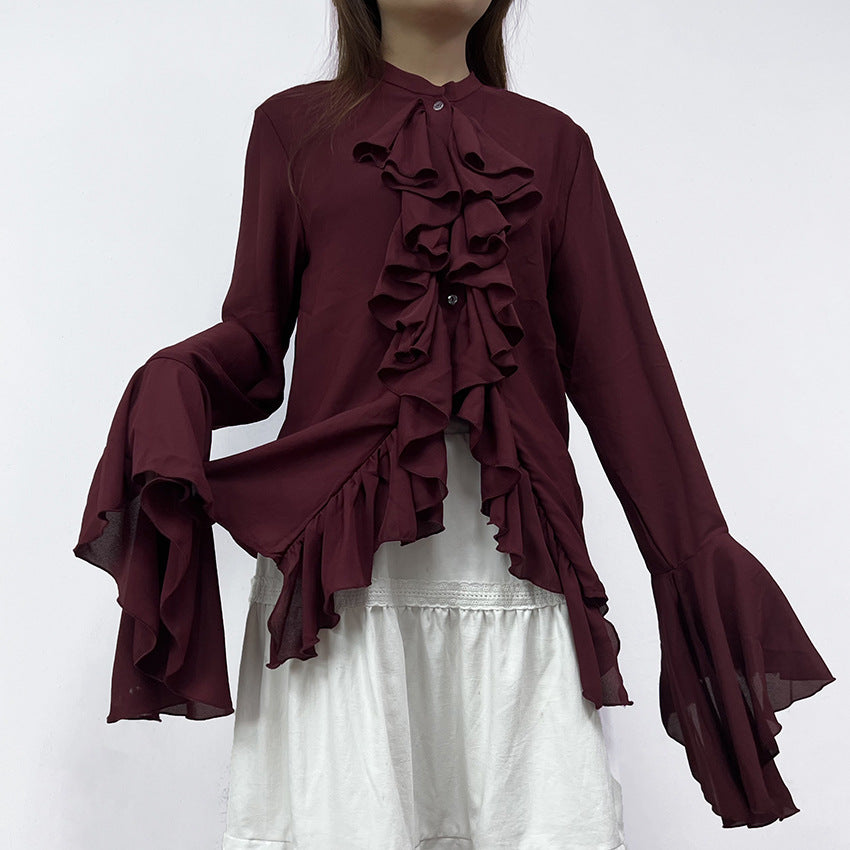 Cascading Ruffle Blouse with Bell Sleeves in Burgundy — on model
