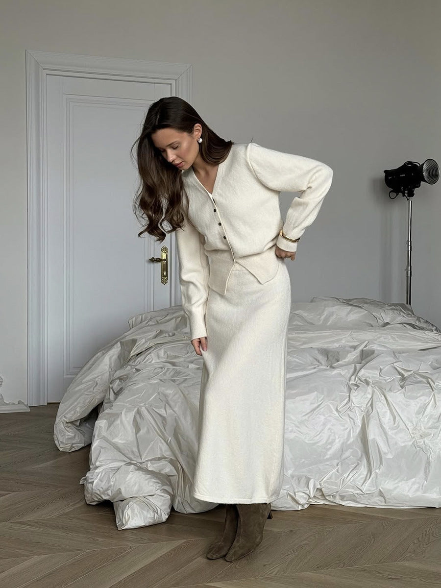 V-Neck Button Cardigan & Knit Midi Skirt Set in Ivory — full-length front view on model