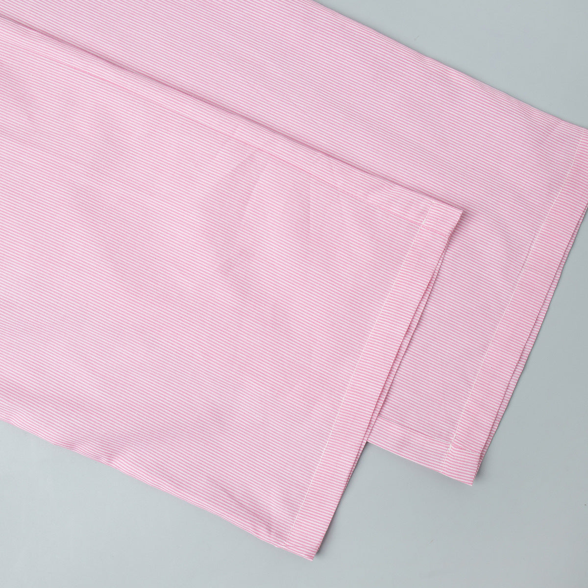 Pinstripe Cotton Shirt & Wide-Leg Pants Set in Soft Pink — close-up of chest pocket lace