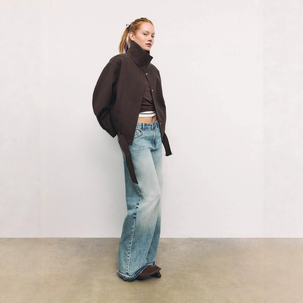 Funnel Neck Wool-Look Jacket with Buckle Hem Strap in Dark Brown — side view on model