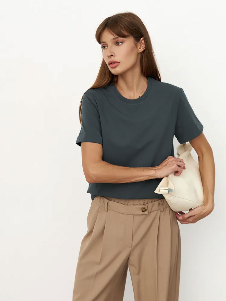 Everyday Cotton Short Sleeve Crew Tee in Charcoal — front view on model