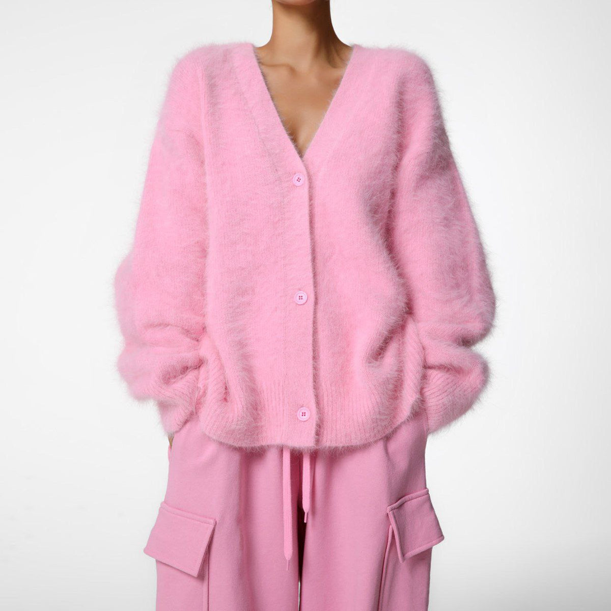Fuzzy Knit Oversized V-Neck Cardigan in Bubblegum Pink — front view
