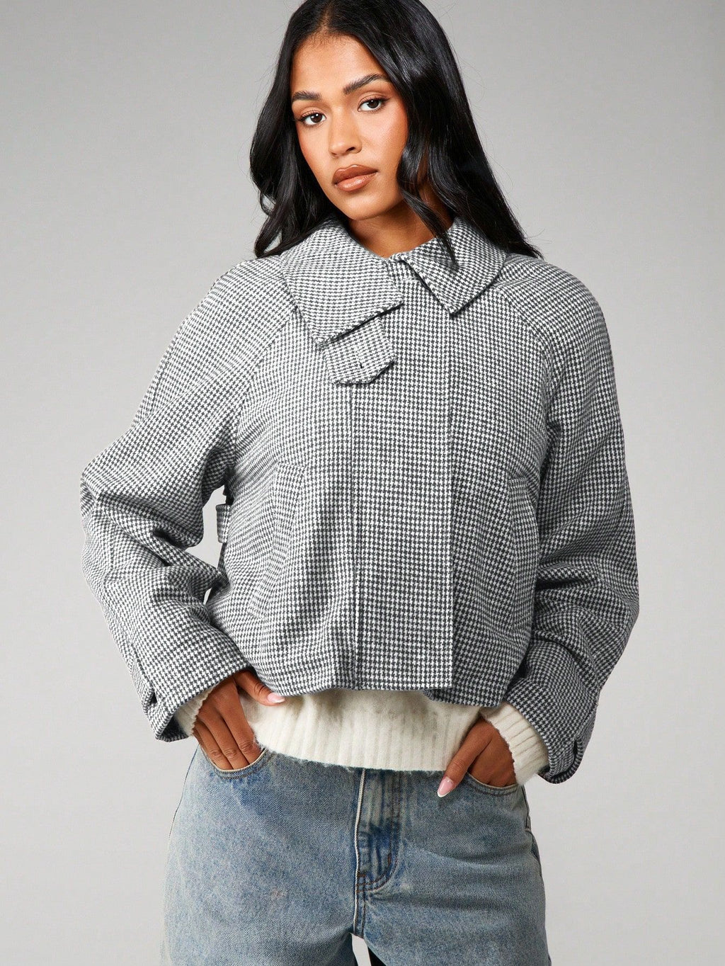 Cropped Houndstooth Jacket with Buttoned High Collar in Gray Houndstooth — front view on model, collar open
