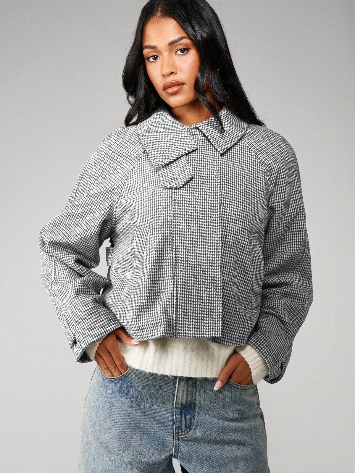Cropped Houndstooth Jacket with Buttoned High Collar in Gray Houndstooth — front view on model, collar open