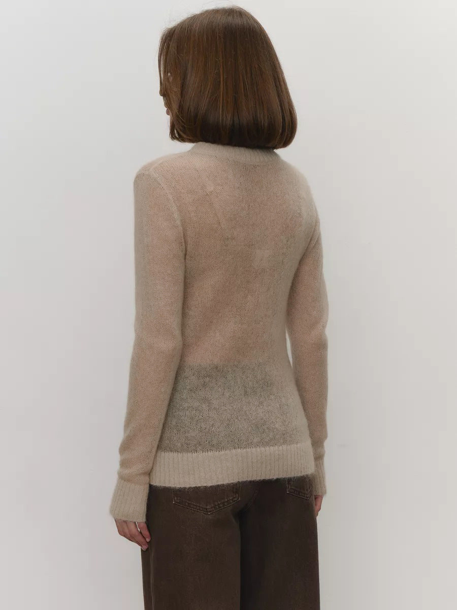 Soft Mohair-Blend Crew Neck Sweater in Khaki — back view on model