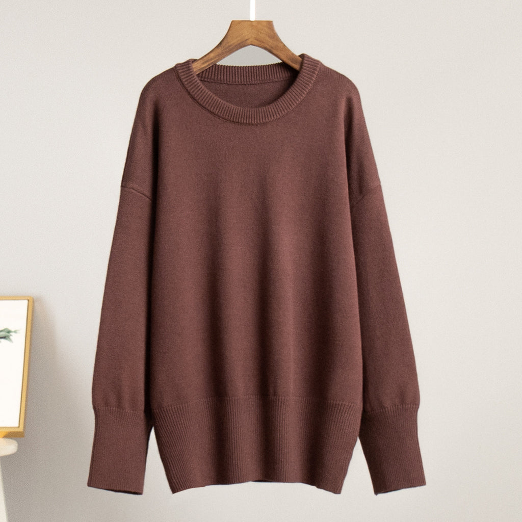 Slouchy Oversized Crew Neck Sweater in Chocolate Brown — front view