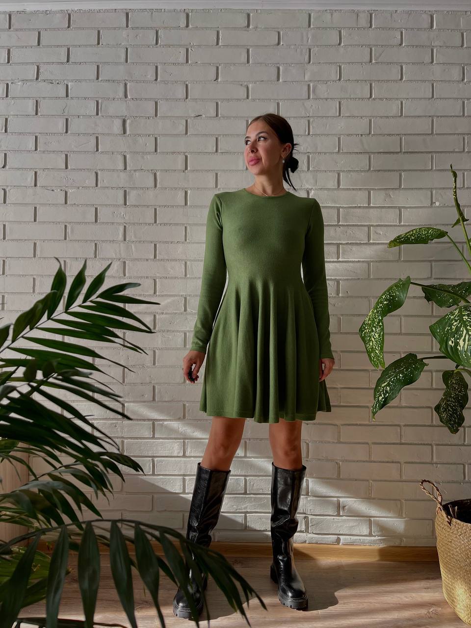 Fitted Knit Skater Mini Dress with Long Sleeves in Moss — full-length front view on model