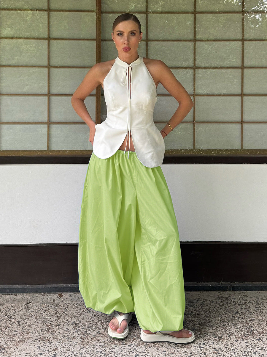 Cotton Balloon Lantern Pants in Lime — front view on model