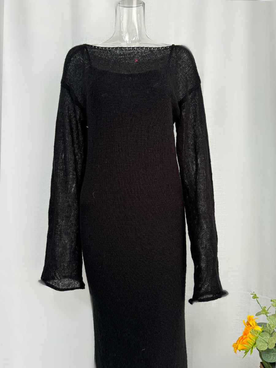 Sheer Long-Sleeve Knit Maxi Dress in Black — Knit texture and sleeves on mannequin; inner slip shown for styling, not included